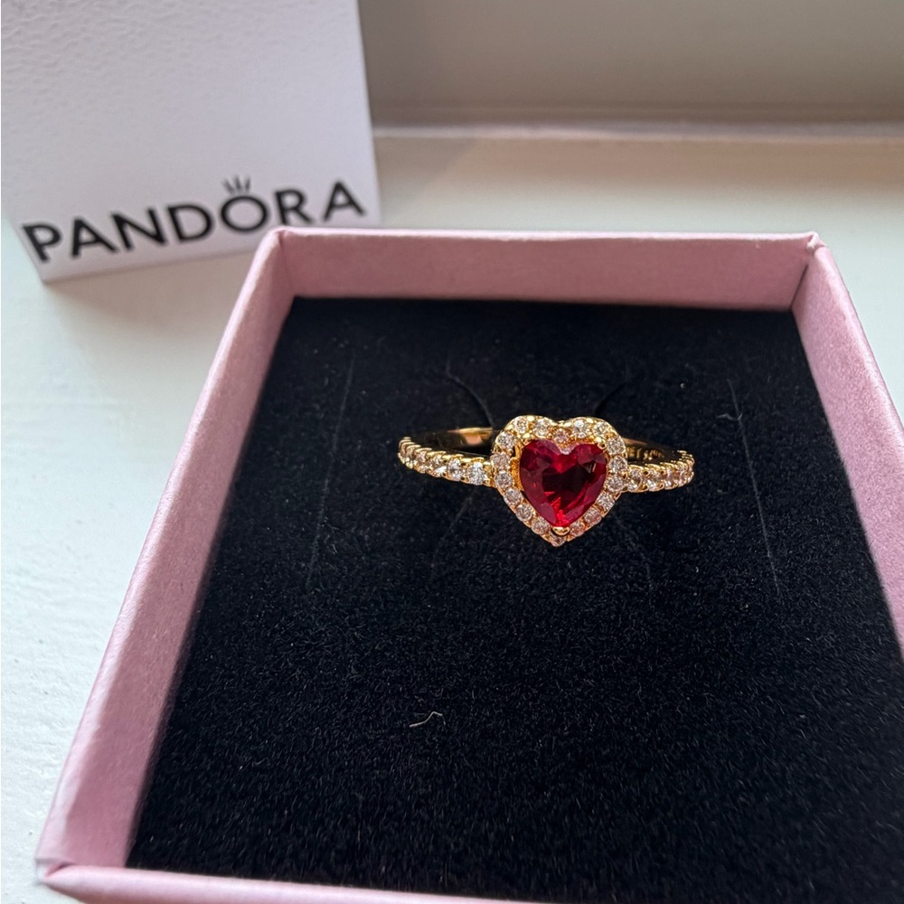 Pandora Gold Ring with Red Heart Gem - Picture 1 of 3